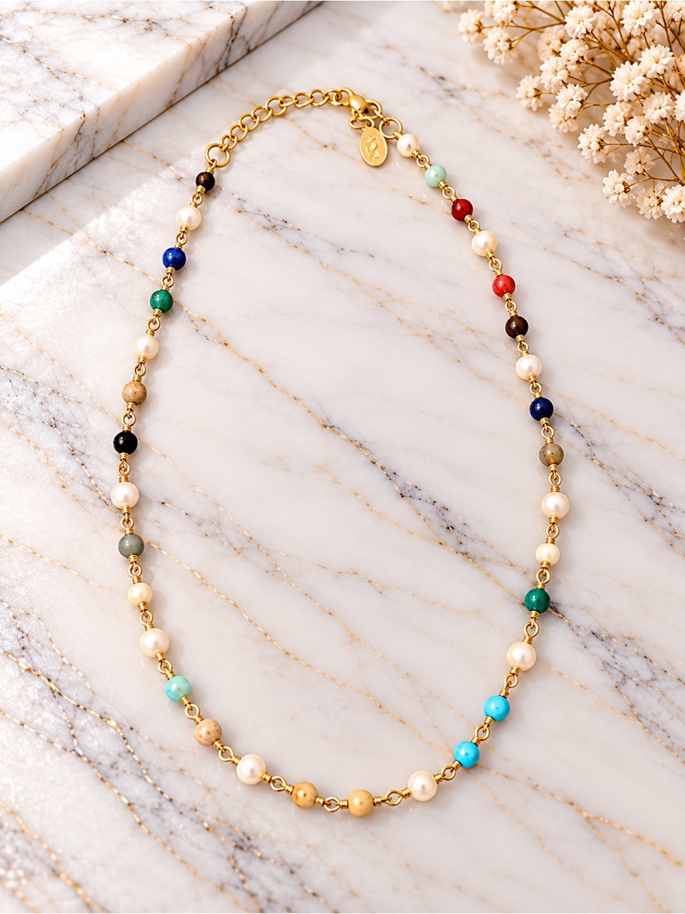 Gold Filled Multi-Color Beaded Necklace with Pearls